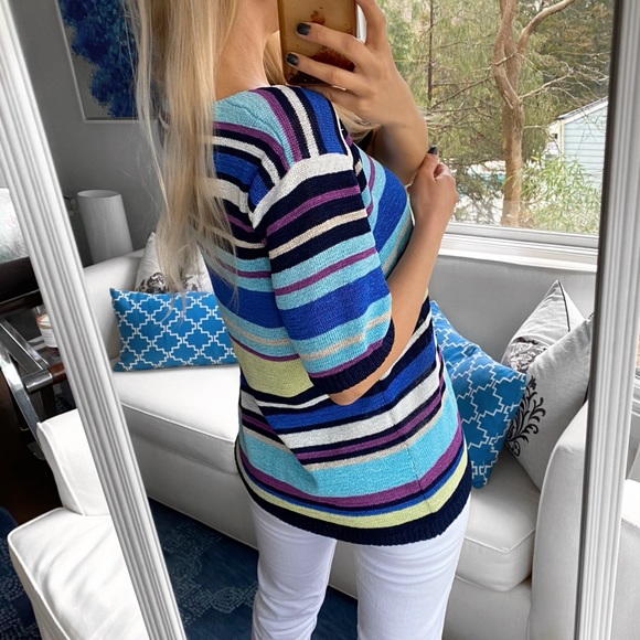 🌈 CANDA BLUE MULTI STRIPE KNIT SHORT SLEEVE SWEATER! - Picture 4 of 16